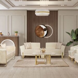 Premium Turkish Living Room Furniture – Cream Textured Upholstery with Gold Metallic Accents