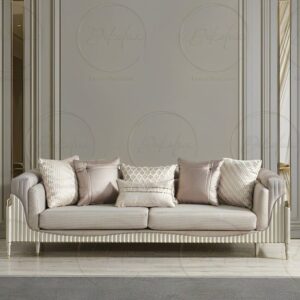 Luxury Turkish Modern Sofa – Pearl Grey Velvet with Gold Vertical Channeling