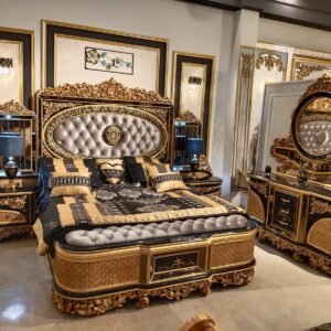 Royal Turkish Gold-Carved Bed Set – Premium Black & Gold Bridal Suite with Tufted Velvet