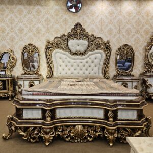 Apple Royal Gold-Carved Luxury Bed Set – Premium Ivory & Gold Bridal Suite with Tufted Upholstered Headboard